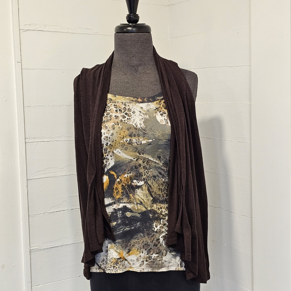 Brown Open Cardigan with Animal Print Tank Top